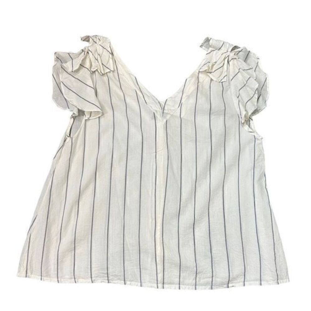 KOCH Womens Small Striped Blouse Flutter Sleeve Ivory Cotton Top Button Up